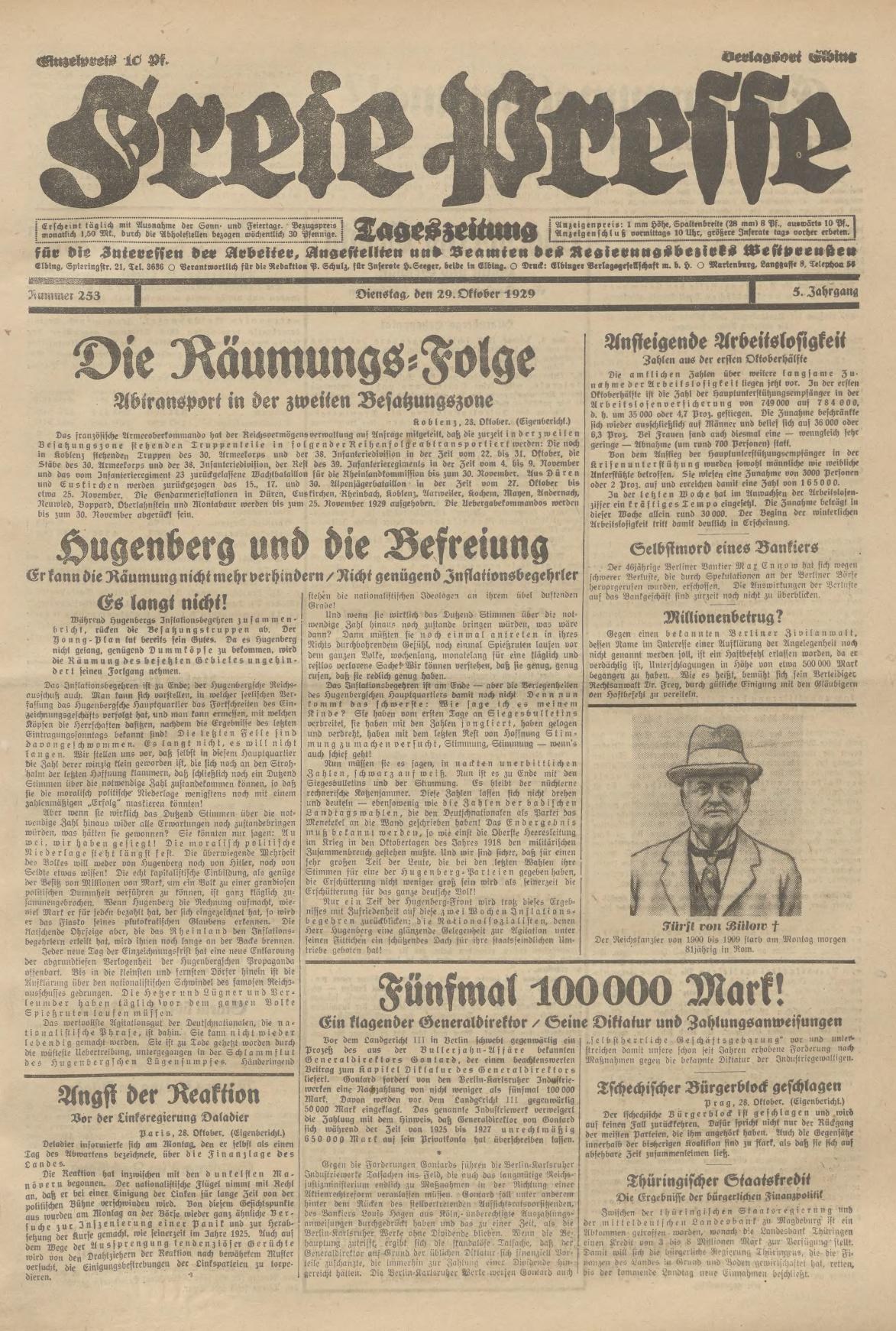 Alte deutsche Zeitung vom 29. September 1929 mit einem Schwarz-Weiß-Foto eines Mannes in Anzug und Krawatte mit Hut, das die Schlagzeile "Sugenberg und die Defreiung" trägt.