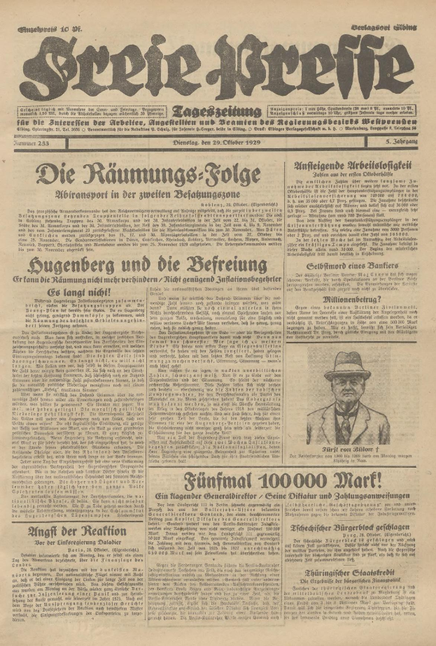 Alte deutsche Zeitung vom 29. September 1929 mit einem Schwarz-Weiß-Foto eines Mannes in Anzug und Krawatte mit Hut, das die Schlagzeile "Sugenberg und die Defreiung" trägt.