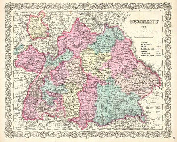 Alte Deutschlandkarte, die die Provinzen Bayern, Baden-Württemberg und Baden zeigt, auf Papier gedruckt mit Text zu den Regionen.