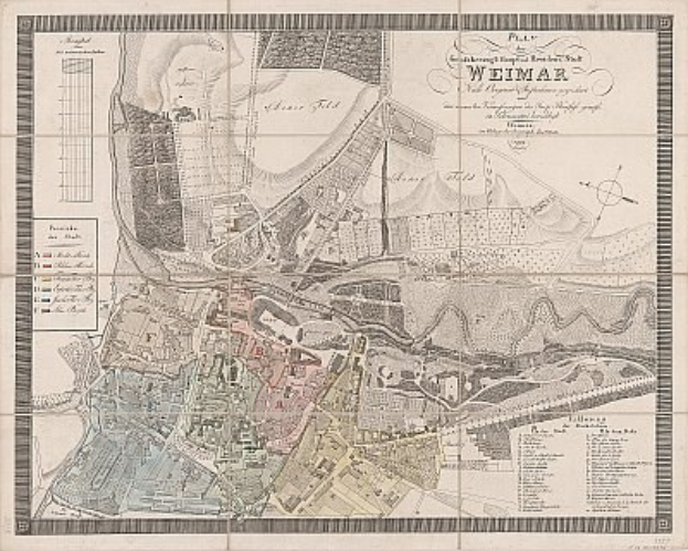 Detailiertes altes Stadtplan von Weimar, Deutschland, zeigt Straßen, Gebäude und Sehenswürdigkeiten mit begleitendem Text über Bevölkerung, bekannte Orte und Straßen.