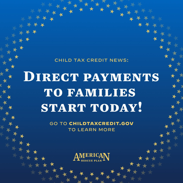 Plakat, das "Direkte Zahlungen an Familien beginnen heute" mit einem sternförmigen Rahmen ankündigt.