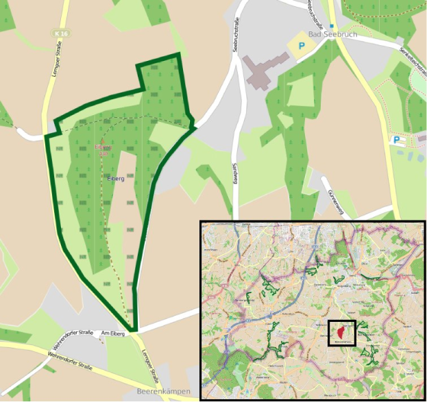 Stadtplan mit einer grünen Fläche in der Mitte, die für eine geplante Entwicklung markiert ist, zeigt Straßen, Gebäude und Sehenswürdigkeiten.