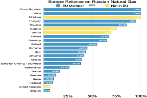 Eine Balkendiagramm, das die Prozentanteile von Europas natürlichem Gasimport aus Russland zeigt, mit Text, der die Investitionsprozente angibt.