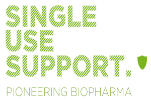 Der Text "single use support pioneering biopharma" in fetter grüner Schrift auf einem weißen Hintergrund.