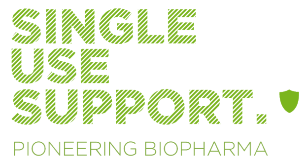 Der Text "single use support pioneering biopharma" in fetter grüner Schrift auf einem weißen Hintergrund.