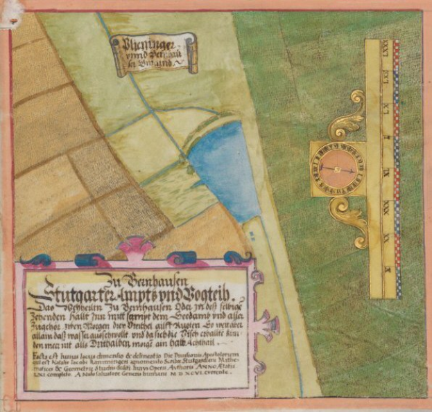 Illuminierte Handschriftenseite mit einem detaillierten Stadtplan von Stuttgart, Deutschland, samt Straßen, Gebäuden und Sehenswürdigkeiten, begleitet von beschreibendem Text.