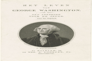 Porträt von George Washington auf Papier mit Text, frontal mit ernstem Gesichtsausdruck, bekleidet mit Anzug und Krawatte, markante Nase und Kinn, zurückgekämmtes Haar.