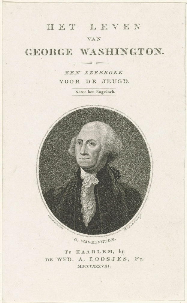 Porträt von George Washington auf Papier mit Text, frontal mit ernstem Gesichtsausdruck, bekleidet mit Anzug und Krawatte, markante Nase und Kinn, zurückgekämmtes Haar.