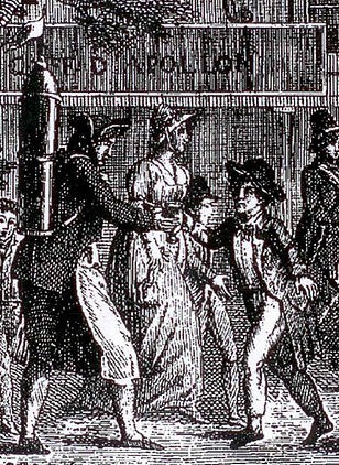 Schwarz-weiß-Zeichnung einer Gruppe verzweifelter Menschen, die eine Straße entlanglaufen, vorbei an einem Gebäude, mit dem Text "Victorian riots in London" unten.