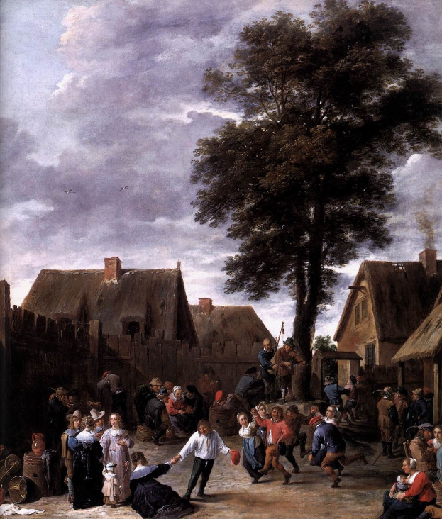 Gemälde mit dem Titel 'Der Tanz im Dorf' von Jan Brueghel dem Jüngeren, das eine Hofszene mit Dorfbewohnern, Häusern, Bäumen, einem hölzernen Zaun, einer bewölkten Himmel und fliegenden Vögeln zeigt.