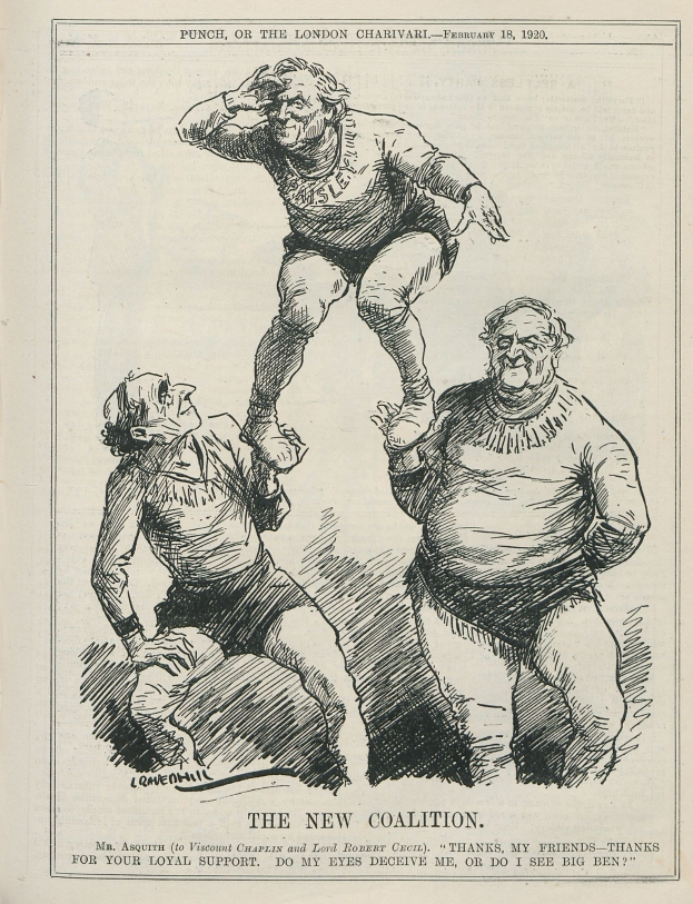Ein historischer politischer Cartoon mit dem Titel "Die neue Koalition" aus Punch, oder die Londoner Charivari, vom Februar 18, 1920, der drei besorgte Figuren zeigt, darunter eine centra