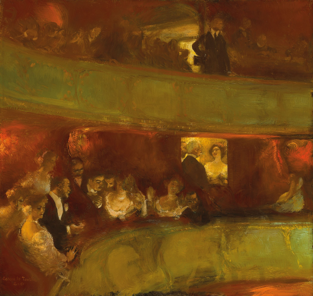 Gemälde einer vielfältigen Gruppe von formell gekleideten Menschen in einem hell erleuchteten Theater, einige stehen und einige sitzen, mit neutralfarbenen Wänden und einer lebendigen Atmosphäre.