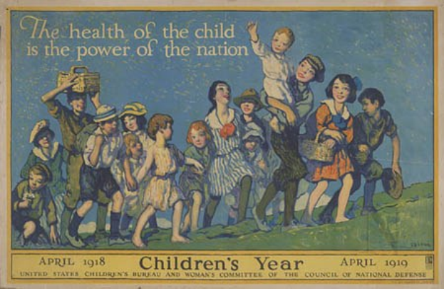 Plakat mit Kindern, die Körbe halten, mit der Aufschrift "Die Gesundheit des Kindes ist die Macht der Nation" oben drauf