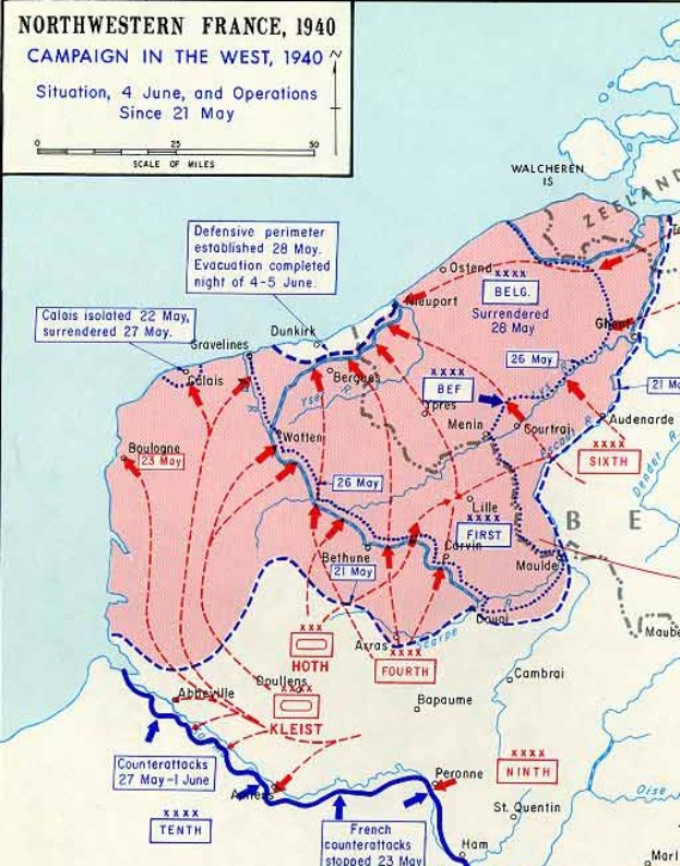 Detailierte Karte von Nordfrankreich während des 1940er Westfeldzugs, mit Text und numerischen Daten annotiert.