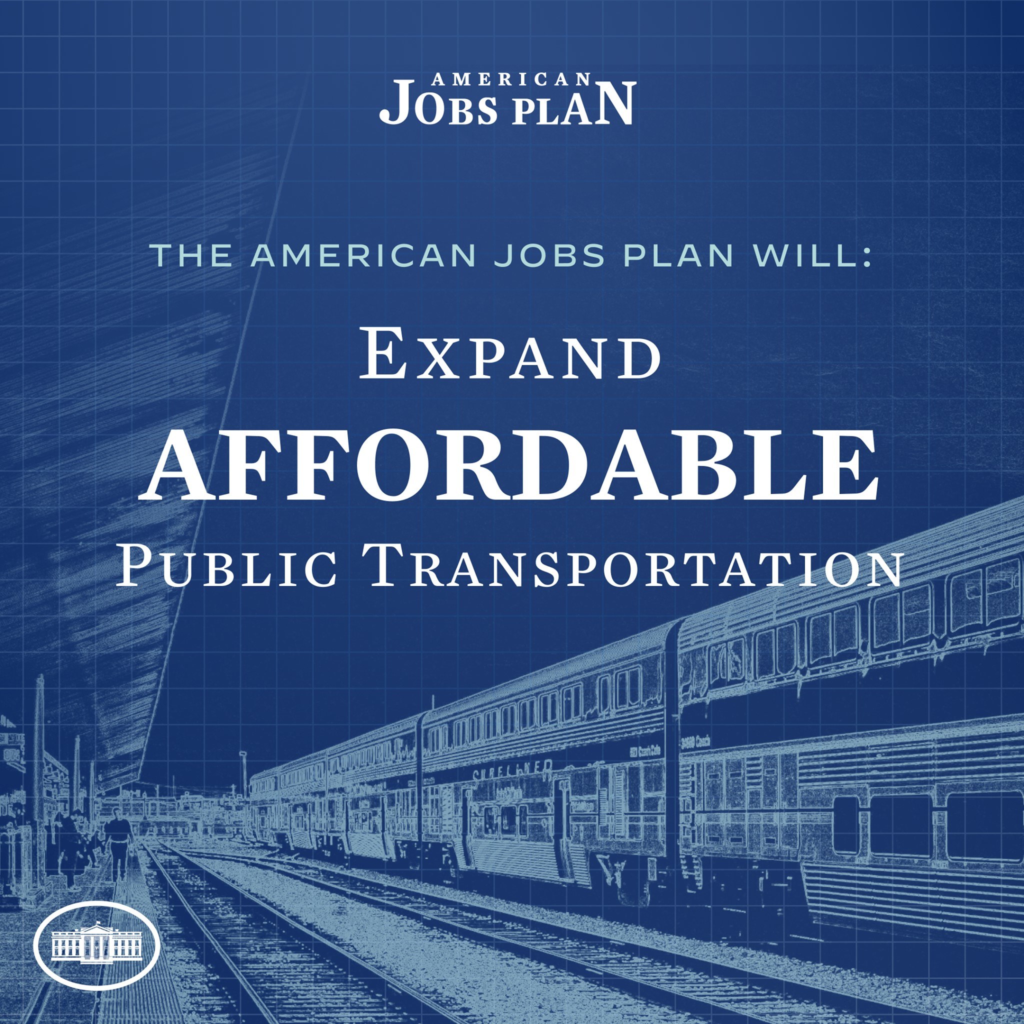 Plakat mit einem Zug auf einer Bahnstrecke mit mehreren Menschen in der Nähe, das 'The American Jobs Plan Will Expand Affordable Public Transportation' bewirbt.