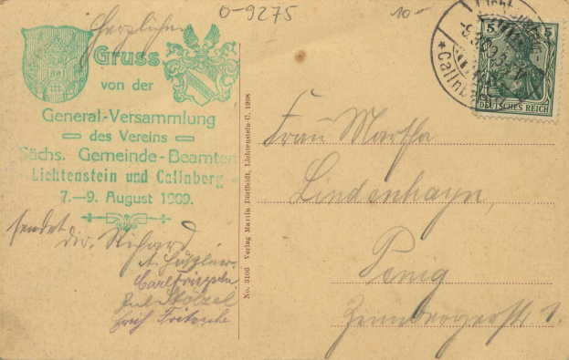 Kuvert mit einer deutschen 1909-Marke und Text, der "Österreich - Deutschland - Deckblatt nach Deutschland - 7. August 1909" lautet.
