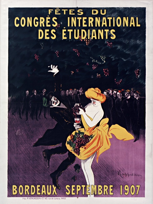 Plakat für eine Weinprobe in Bordeaux im Jahr 1907 mit einer Frau in gelbem Kleid, die ein Weinglas hält, umgeben von einer Menge, mit Text zur Beschreibung des Events.