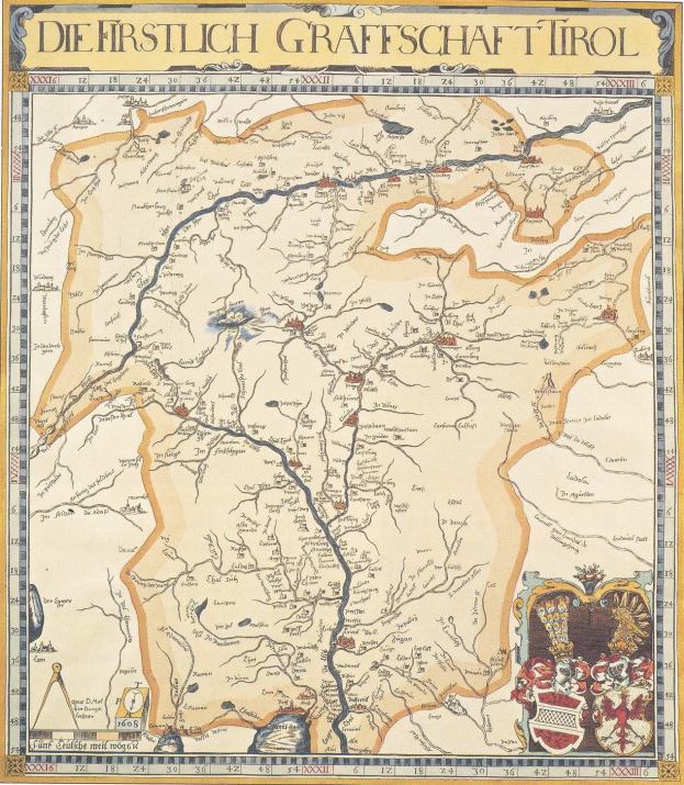 Ein detailliertes Plakat mit einer Karte der ersten deutschen Grafschaft Tirol, das geographische Merkmale wie Flüsse, Berge und Städte zeigt, mit begleitendem Text über die Region und ihre Bewohner.
