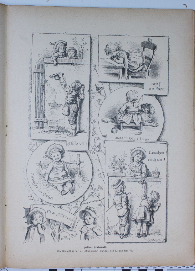 Offenes Buch mit einer bunten Illustration von verschiedenen Kindern, die fröhlich in einem grünen Garten spielen, auf einer flachen Oberfläche mit sichtbarem Text und Bildern.