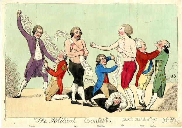 Politischer Cartoon betitelt "Der politische Wettkampf", der eine Gruppe von Menschen in verschiedenenfarbigen Kleidern mit einer Person in der Mitte auf dem Boden zeigt.