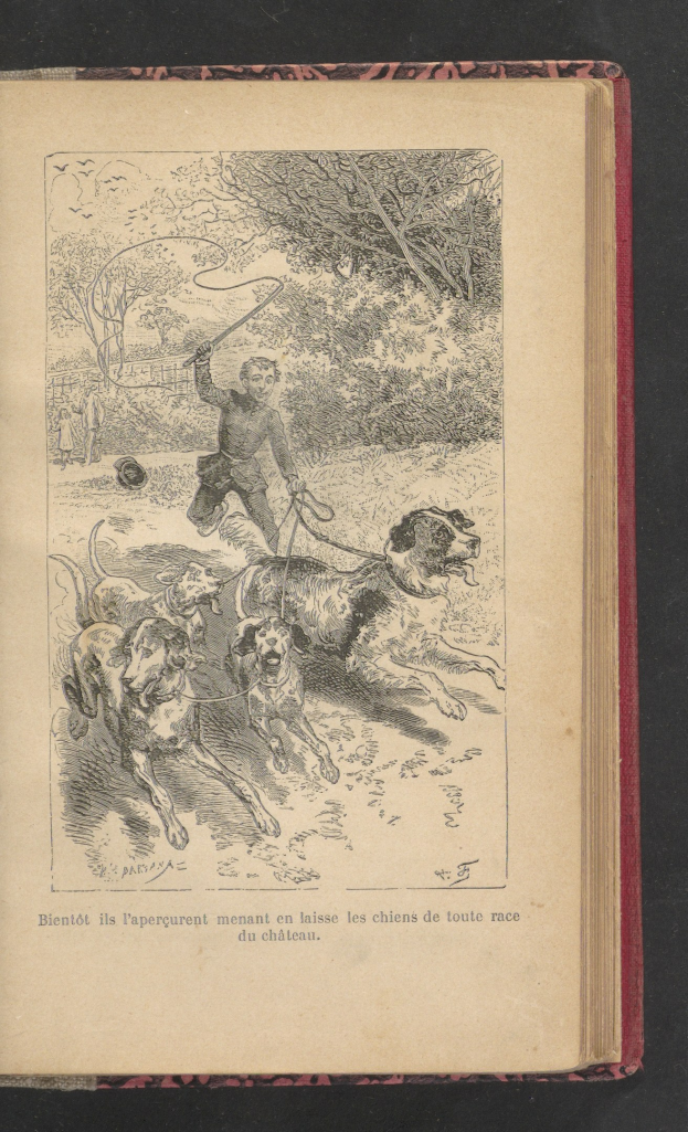 Ein aufgeschlagenes Buch mit einer Zeichnung eines Mannes in Hut und langem Mantel, der zwei Hunde an der Leine führt, umgeben von hohen, üppigen Bäumen.