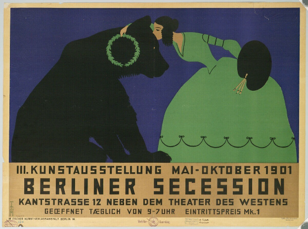 Plakat der Berliner Secession mit einer Frau in grünem Kleid und einem Mann in schwarzem Anzug mit Textbeschreibung.