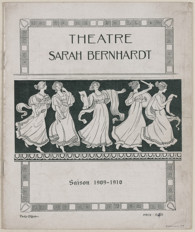Plakat für das Theatre Sarah Bernhardt von 1909–1910, das eine Gruppe von Frauen in der Mitte zeigt, mit Text, der das Theater und die Schauspieler beschreibt.