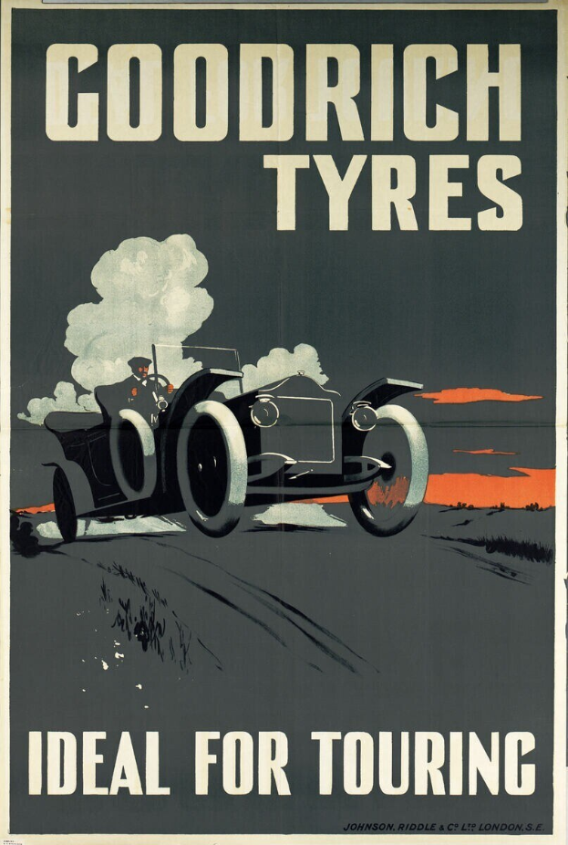 Plakatwerbung Goodrich Reifen mit einem Auto und einer Person darin, begleitet von Text über das Unternehmen und seine Dienstleistungen.