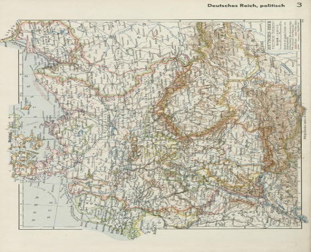 Eine Karte von Deutschland aus dem 19. Jahrhundert, die seine politischen Teilungen zeigt, auf Papier gedruckt mit Text oben und unten.