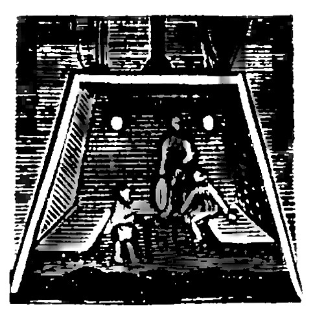 Eine Schwarz-Weiß-Zeichnung eines Fußballspiels im Gange, mit zwei Spielern in der Mitte, einem in der foreground und dem anderen im Hintergrund, und einem Torpfosten in der Ecke.