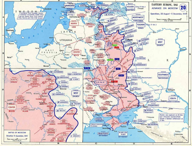Ein detaillierter Weltkriegs-II-Plan von Osteuropa mit Text und Zahlen, der den Konfliktumfang zeigt, Städte, Ortschaften und geografische Merkmale.