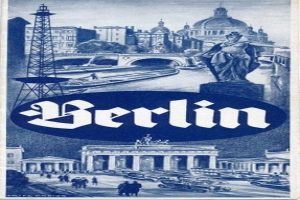 Plakat, das Berlin, Deutschland, mit einer Statue, Gebäuden, einem Turm, Menschen, Fahrzeugen auf der Straße und einer Brücke sowie Text, der Stadtinformationen bereitstellt, zeigt.