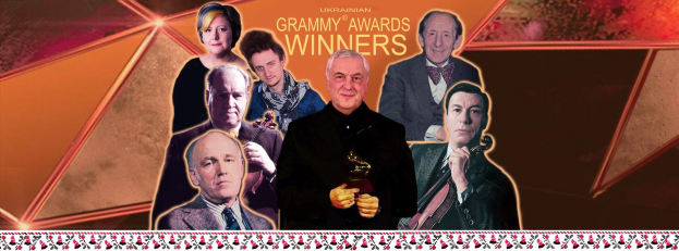 Group of people on a stage holding an award, celebrating with smiles and raised arms, with "Grammy Awards Winners" text and a design at the bottom.