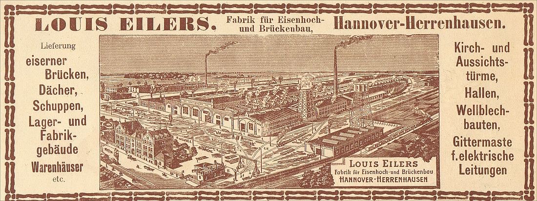 Schwarze und weiße Anzeige für die Louis Eilers Hannover-Herrenhausen-Fabrik, die ein Foto der Fabrik mit begleitendem Text zeigt.