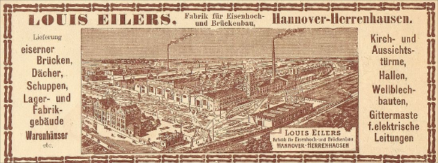 Schwarze und weiße Anzeige für die Louis Eilers Hannover-Herrenhausen-Fabrik, die ein Foto der Fabrik mit begleitendem Text zeigt.