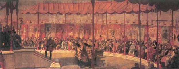 Gemälde einer überfüllten Theaterkulisse mit stehenden und sitzenden Menschen, sichtbaren Boden, Pfosten und Vorhängen im Hintergrund, das eine Opernpublikum bei einer Vorstellung zeigt.