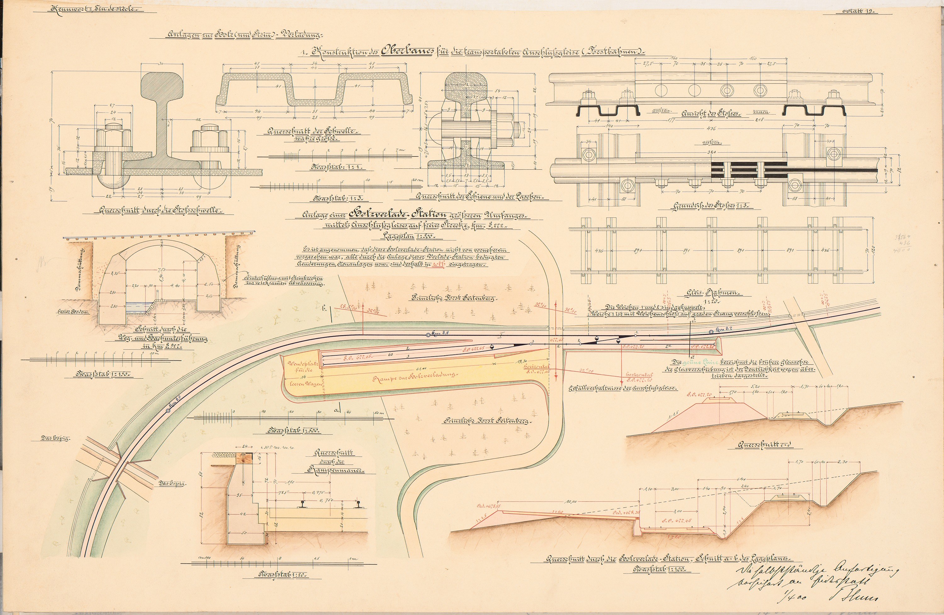 Altes Buch mit detaillierten Zeichnungen und Text eines Bahngeleiseplans auf dem Cover und den Seiten.