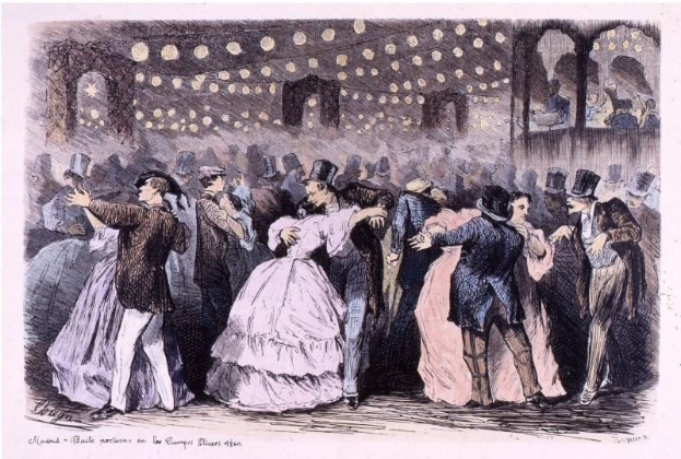 Eine Gruppe von Menschen, die in einem Ballsaal tanzen, mit Text unten: "Madame Baille Nacional en la Campagne Bleuet, 1860."
