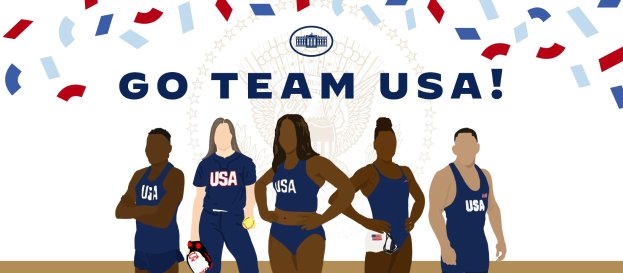 Gruppe animierter Menschen vor einem weißen Hintergrund mit der Schrift "Go Team USA" in fetten, bunten Buchstaben, die die US-Frauen-Volleyballnationalmannschaft darstellen.