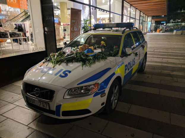 Ein mit Blumen und Blättern geschmückter Polizeiwagen steht nachts vor einem Geschäft mit Glaswänden, das Schaufensterpuppen in Kleidern und beleuchtete Schilder zeigt, mit Bäumen und Gebäuden im Hintergrund.