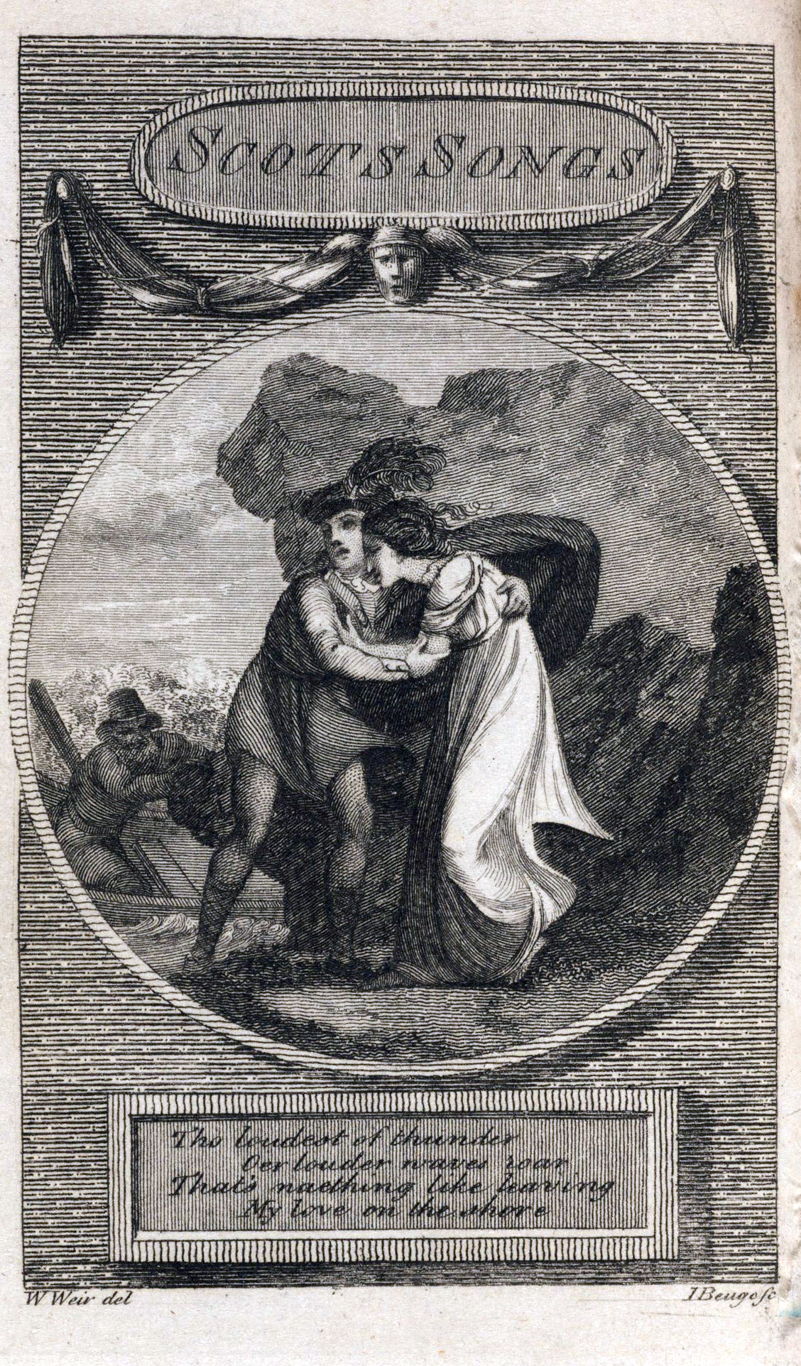 Eine Gravur eines Mannes und einer Frau, die sich leidenschaftlich küssen, wobei der Mann seinen Arm um die Taille der Frau gelegt hat und auf einem Papier mit Text stehen.