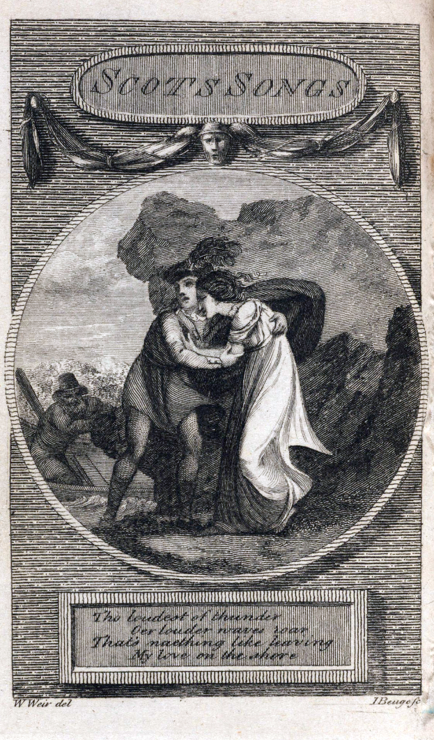 Eine Gravur eines Mannes und einer Frau, die sich leidenschaftlich küssen, wobei der Mann seinen Arm um die Taille der Frau gelegt hat und auf einem Papier mit Text stehen.