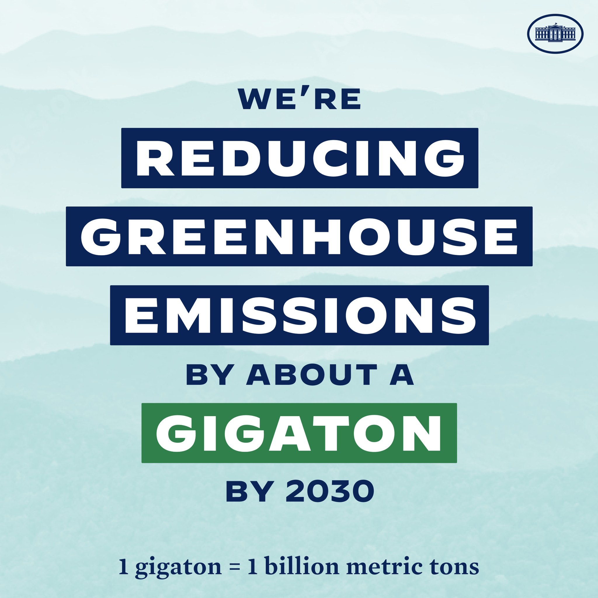 Plakat mit Text und Logo, das "Wir reduzieren die Treibhausgasemissionen um etwa eine Gigatonne bis 2030" besagt und für eine signifikante Reduzierung der Treibhausgase bis 2030 wirbt.