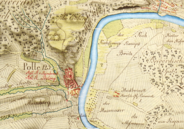 Detailierte alte Karte von Polle, Deutschland, mit einem Fluss, Straße, Gebäude und anderen Merkmalen.