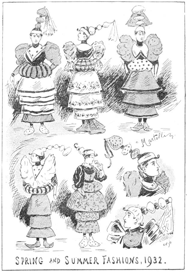 Schwarze und weiße Illustration von Frauen, die Kleider aus der Mode von 1932 tragen, mit beschreibendem Text auf dem Papier.