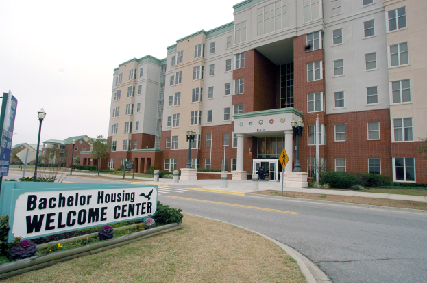 Ein Willkommenszentrum für Bachelor-Unterkünfte mit Geb├Ąuden, Stra├čenlaternen, Lichtern, Schildern, Fahrzeugen, Pflanzen und einem klaren Himmel.